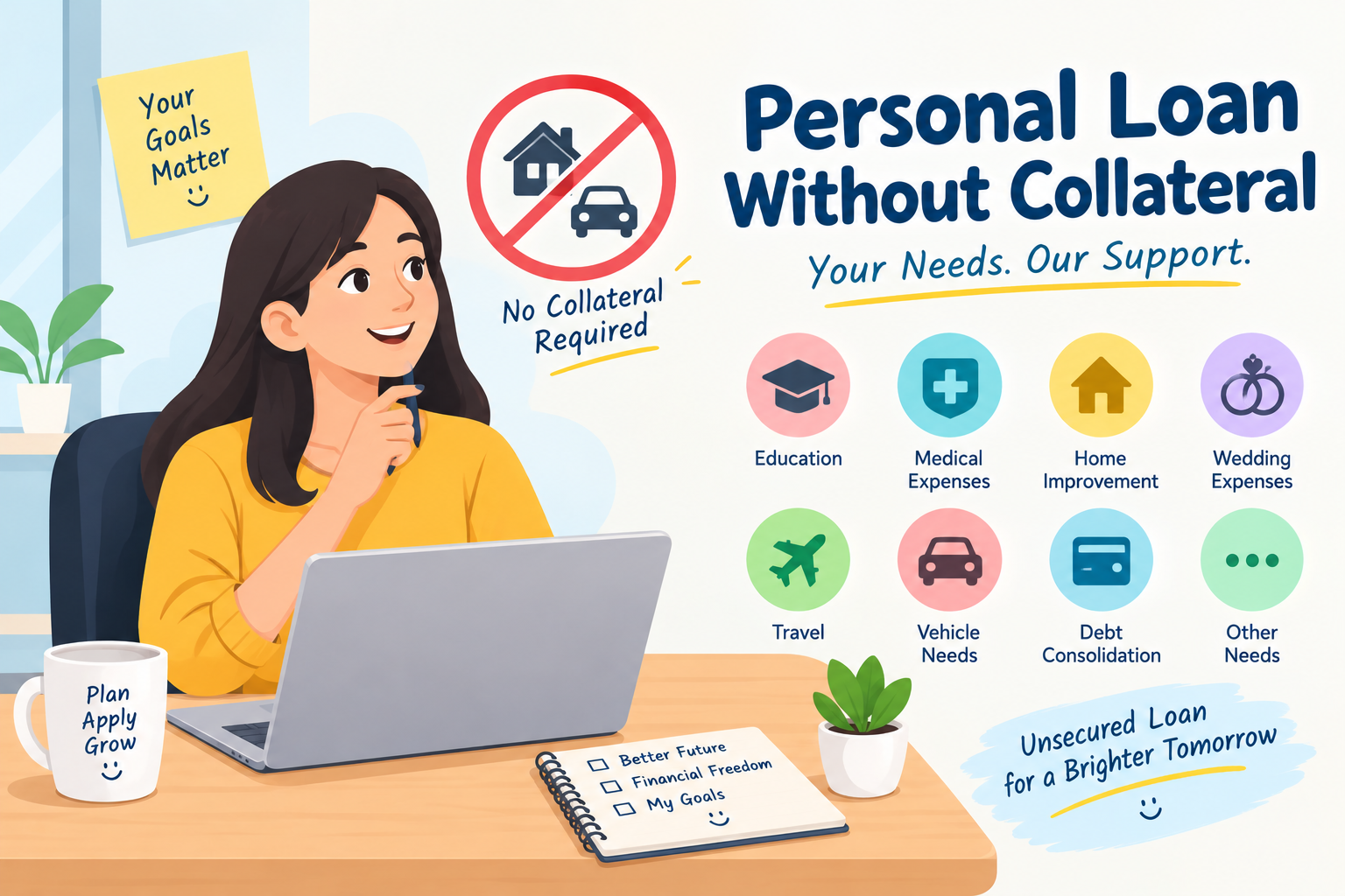 Personal loan without collateral showing a young professional reviewing loan options at a desk, with icons for education, medical expenses, home improvement, wedding, travel, vehicle needs, and debt consolidation.